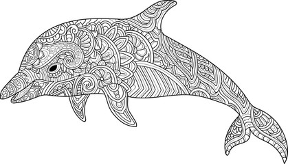 Zentangle stylized image of totem animal: dolphin. Adult anti stress page for coloring book. Hand drawn illustration in doodle style. Vector black isolated sketch - Vector