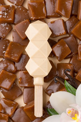 Ice cream on Caramel Cubes Pieces background. popsicle. molecular kitchen. ice cream on a stick. ice cream made with nitrogen