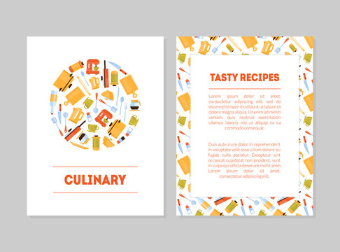 Culinary, Tasty Recipes Banner Templates Set, Cards with Place for Text and Kitchen Utensils for Food Preparation, Label, Branding Identity, Certificate, Flyer Vector Illustration