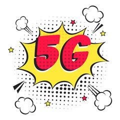 5G new wireless internet wifi connection comic style speech bubble exclamation text 5g flay style design vector illustration isolated on white background. New mobile internet 5g sign icon in balloon.