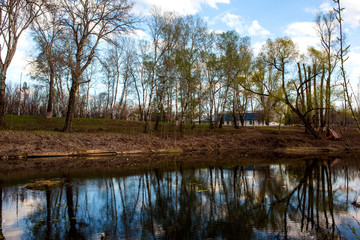 a small mirror lake surrounded by trees without leaves and a blue sky with clouds floating on it