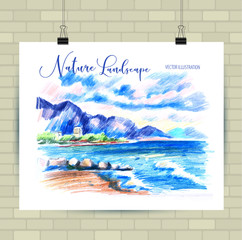 Sketching illustration in vector format. Poster with beautiful seascape . Hand drawn illustration.