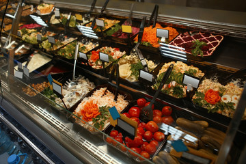 Assortment of prepared food in supermarket