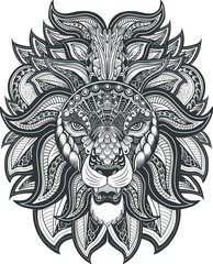Ethnic patterned ornate hand drawn head of Lion. Black and white doodle vector illustration. Sketch for tattoo, poster, print or t-shirt