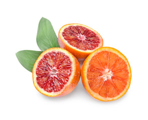 Cut blood oranges on white background