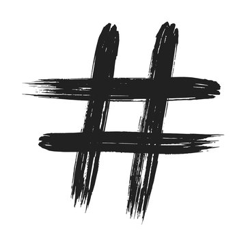 Hand drawn brush stroke dirty art hashtag symbol icon sign isolated on white background. Black and white composition of the symbol hashtag #
