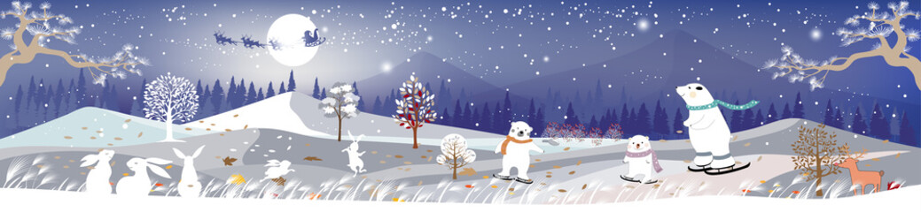 Fototapeta na wymiar Vector horizontal banner of winter wonderland with cute polar bear family playing and rabbits looking at Santa sleigh with reindeer flying over full moon, Panorama landscapes of forest winter at night