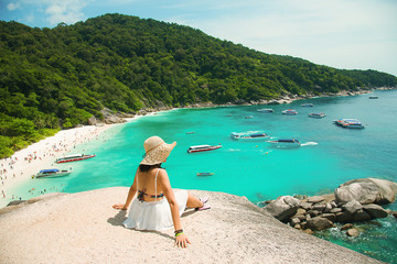 Beautiful women scenic ride Beautiful sea and blue sky at Similan island, Phuket,Thailand. - Image