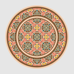 Decorative round ornament. Ceramic tile pattern. Pattern for plates or dishes. Islamic, indian, arabic motifs. Porcelain pattern design. Abstract floral ornament border