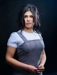 Makeup artist. Professional eyelash extension tweezer. Cosmetic tweezer. Extensions make everyday eye makeup unnecessary. Girl makeup face hold tweezer for eyelash extension. Beauty shop concept