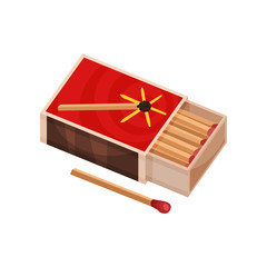 Open matchbox near to one match. Vector illustration.