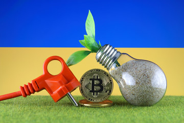 Bitcoin (BTC), green renewable energy concept, and Ukraine Flag. Electricity prices, energy saving in the cryptocurrency mining business.