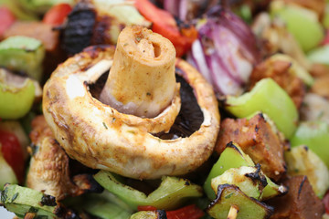 Fototapeta na wymiar Vegetable vegan barbecue with seitan, mushrooms, zucchini, tomato and bell peppers