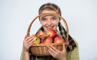 Perfect apple. Grocery store. Start apple diet. Woman likes natural fruits. Farmer gardener apple harvest. Girl gardener rustic style hold apple white background. Health care and vitamin nutrition