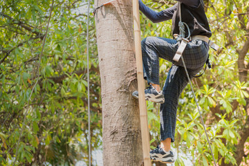 Little brave caucasian child at outdoor treetop climbing adventure park. child in equipment (helmet, safety rope) has challenge high up the rope climbing with safety system in an adventure park.