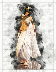 Digital artistic Sketch, based on a self-created 3D Illustration of a Fantasy Female, Model-Release or Property Release not required.