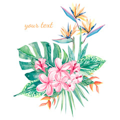 watercolor floral flower illustration - bouquet with tropical green leaves and  flowers, for wedding invintation, greeting cards, wallpapers, fashion, backgrounds, textures, DIY, wrappers, posters