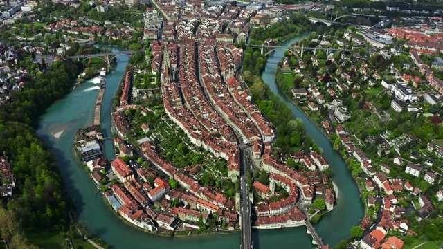 City of Bern and the River Aare, picturesque aerial view. Switzerland