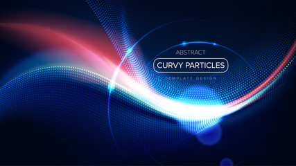 The background template of curvy particle movement in vector.  It is suitable for being as a template, landing page in science or technology related theme. - obrazy, fototapety, plakaty