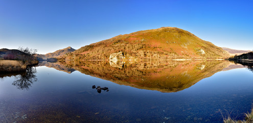 Panoramic of hill reflected in lake Wales