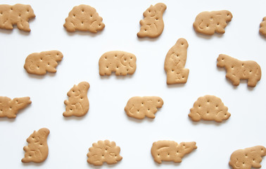 Baby cookies animals fun food snack for kids on a white background. Proper children food. Homemade cooking. Safe food.