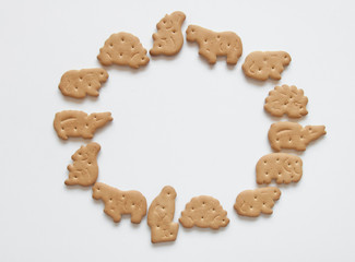 Baby cookies animals fun food snack for kids on a white background. Proper children food. Homemade cooking. Safe food.