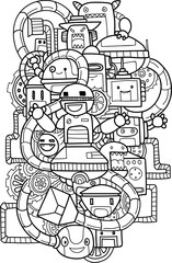 Vector Illustration hand drawn of cute robots in cartoon style. Isolated vector robots.