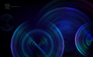 Abstract digital future wave lines vector background in circle shape. Tech music sound concept. Electronic light rounds illustration on black backdrop