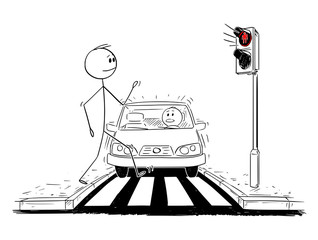 Cartoon stick figure drawing conceptual illustration of man walking on crosswalk or pedestrian crossing ignoring that red light is on on stoplights and car is getting closer.