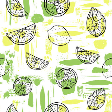Hand drawn black line art citrus fruit on colorful abstract brush stroke background. Seamless vector pattern.