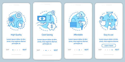 Software benefits onboarding mobile app page screen with linear concepts