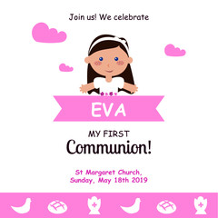 My first communion invitation with message on pink background - Vector