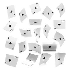 Set flying playing cards, ace of clubs isolated on white background and texture with clipping path 