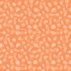 Orange silhouettes and line art hand drawn citrus fruit texture. Seamless vector pattern.
