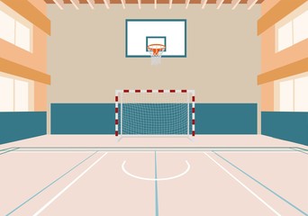 Handball and basketball gym.handball goal.basketball hoop.hall for sports.sports hall with markings.vector image