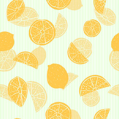 Orange hand drawn citrus fruit silhouettes with transparent layering effect on green pin-striped background. Seamless vector pattern.