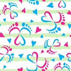 Fototapeta premium Baby feet and hearts seamless vector pattern