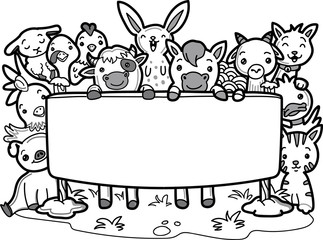 Vector illustration hand drawn of cute doodle farm animal set with white board.