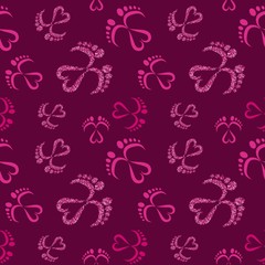 Fototapeta na wymiar Seamless Vector Pattern of Baby Feet and Heart with glitter effect