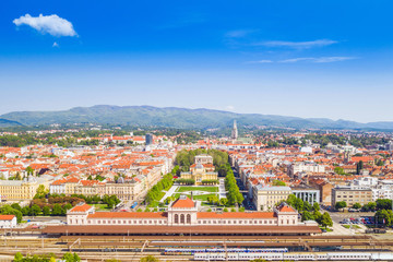 Fototapeta premium Zagreb, Croatia, aerial shot of historic city center, famous horseshoe parks, central train station, art pavilion and cathedral in background