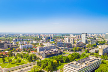 Fototapeta premium Croatia, Zagreb, panoramic view of business city center and modern towers, Vukovarska street, urban skyline