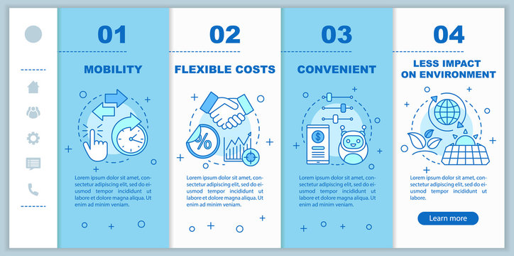 Technology advantages, benefits onboarding mobile web pages vector template