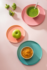 Homemade vegetable baby food purees in glass jars