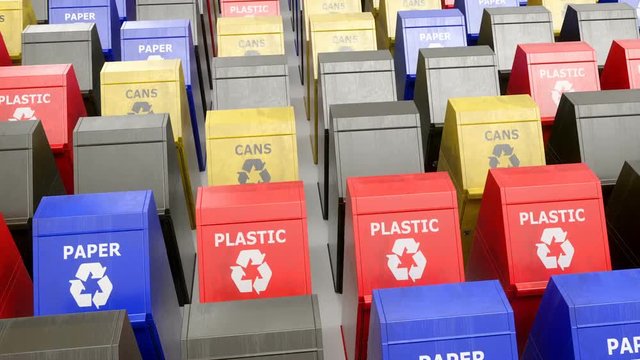 camera moves quickly over a huge number of garbage cans, standing in even rows