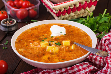 Traditional Russian soup with cabbage - sauerkraut soup - shchi.