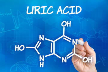 Hand with pen drawing the chemical formula of uric acid