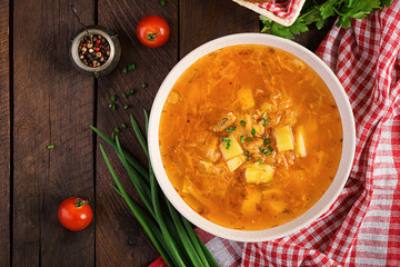Traditional Russian soup with cabbage - sauerkraut soup - shchi. Flat lay. Top view
