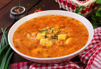 Traditional Russian soup with cabbage - sauerkraut soup - shchi.