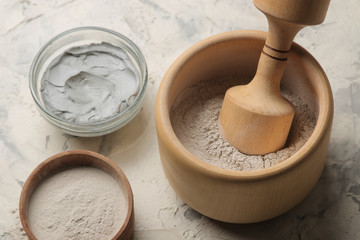 Cosmetic clay. clay facial mask on a light background. different types of clay. natural cosmetics for cosmetic procedures. Beauty concept.