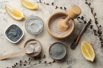 Cosmetic clay. clay facial mask on a light background. different types of clay. natural cosmetics...